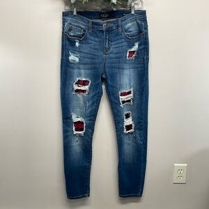 Judy Blue Plaid Patch Mid Rise Skinny Distressed Denim Jeans 11/30